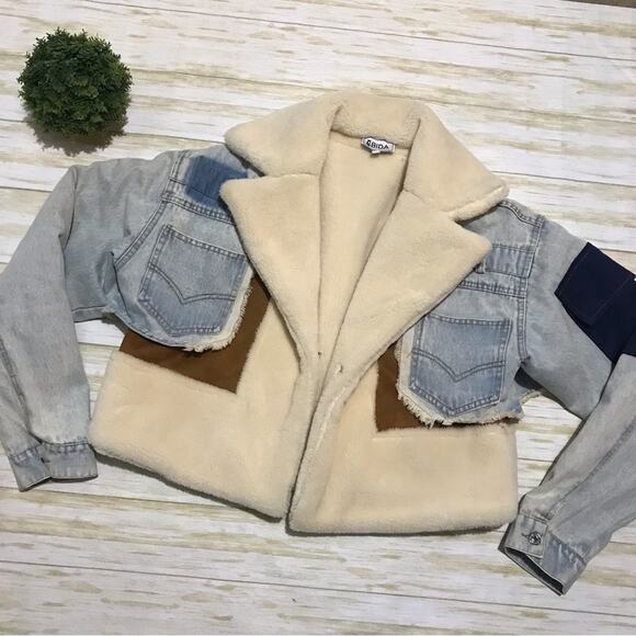 Bida EUC Faux Sherpa Faux Suede Patchwork Denim Jean Jacket Coat‎ Size Large - Picture 1 of 6